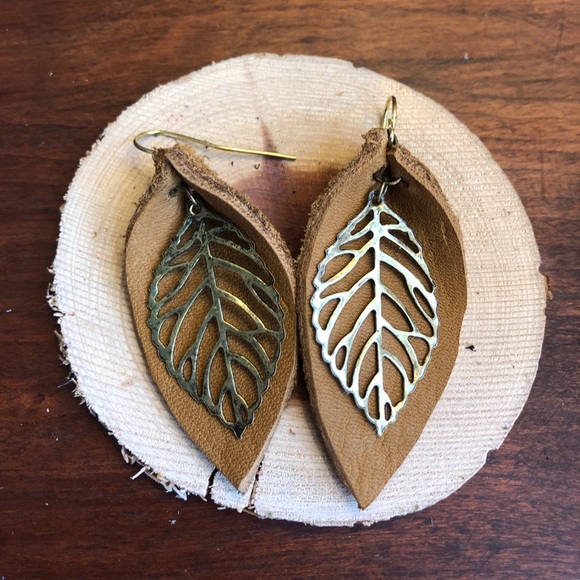 handmade Jewelry - Leather Leaf Earrings, Fall !brown and gold leaf